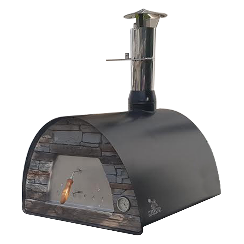 Outdoor pizza oven with stone design on a white background