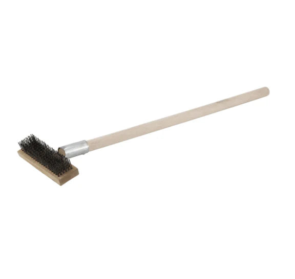 Cleaning brush with wooden handle and metal bristle head for wood fired pizza ovens