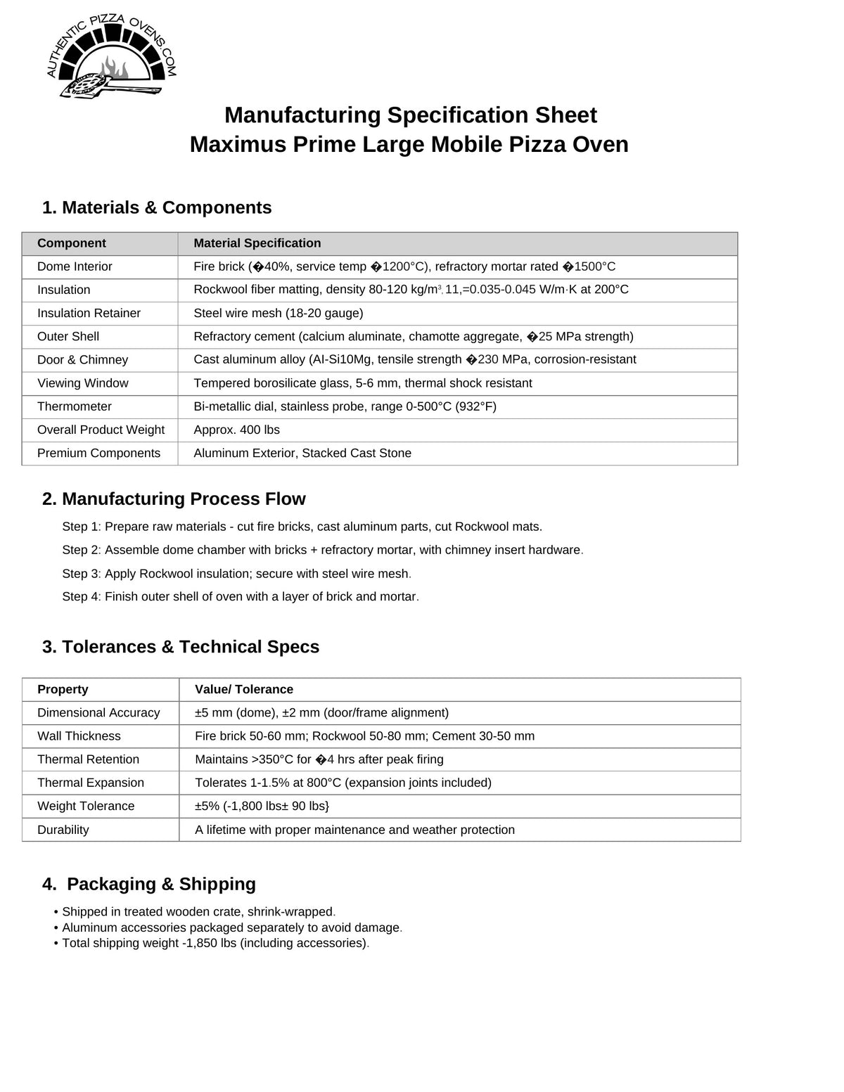 A black and white Manufacturing Specification Sheet for the Piastazzi Stone Premium Pizza Oven, detailing materials, manufacturing process, technical specs, and packaging shipping information in a structured table format.