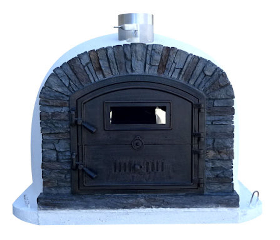 Stone pizza oven with black door for outdoor pizza parties
