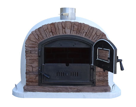 Wood-fired oven with brick design on a white background