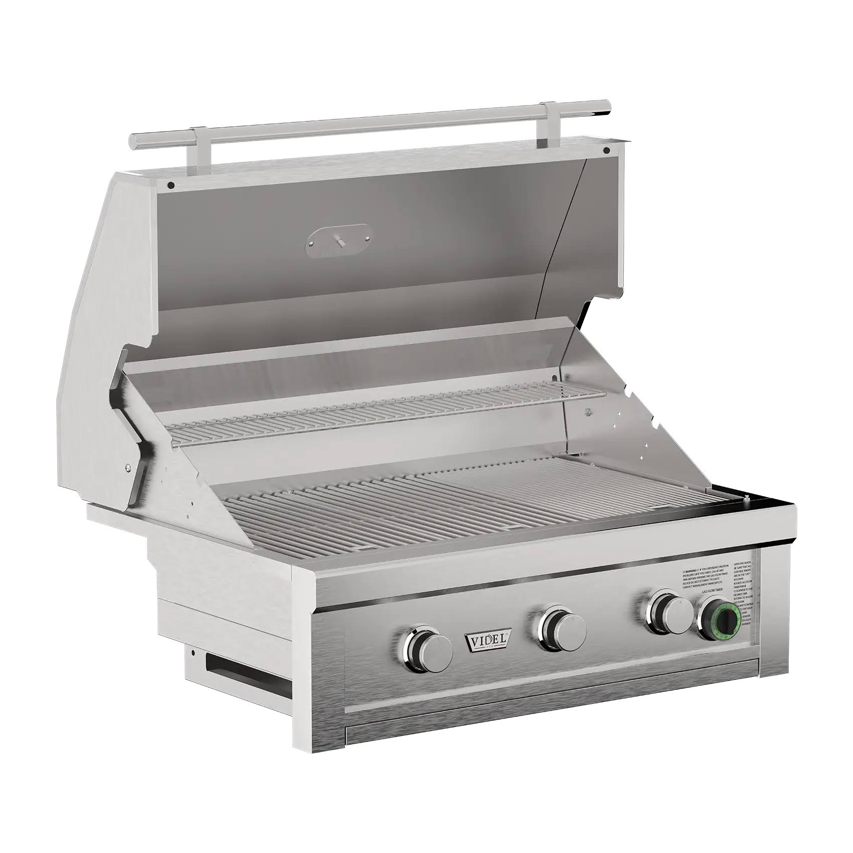 Stainless steel grill with control knobs on a white background