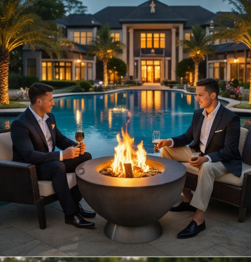 Two men sitting by a fire pit by a pool with a luxurious building in the background