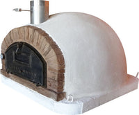 Buena White outdoor pizza oven with brick arch and metal chimney o