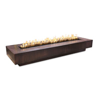 Rectangular Hammered Copper fire pit with flames on a white background