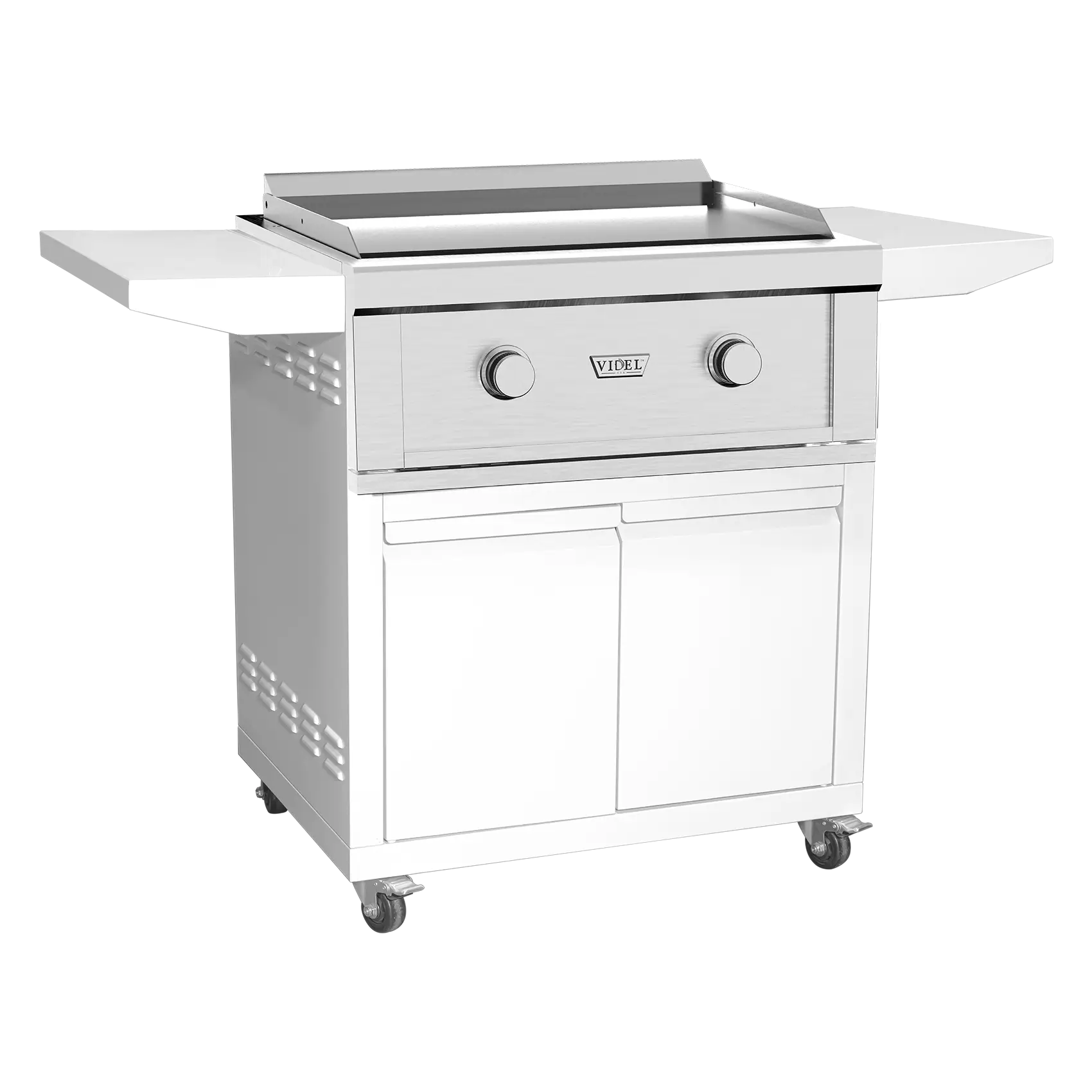 Stainless steel outdoor grill cart with a flat top on a white background