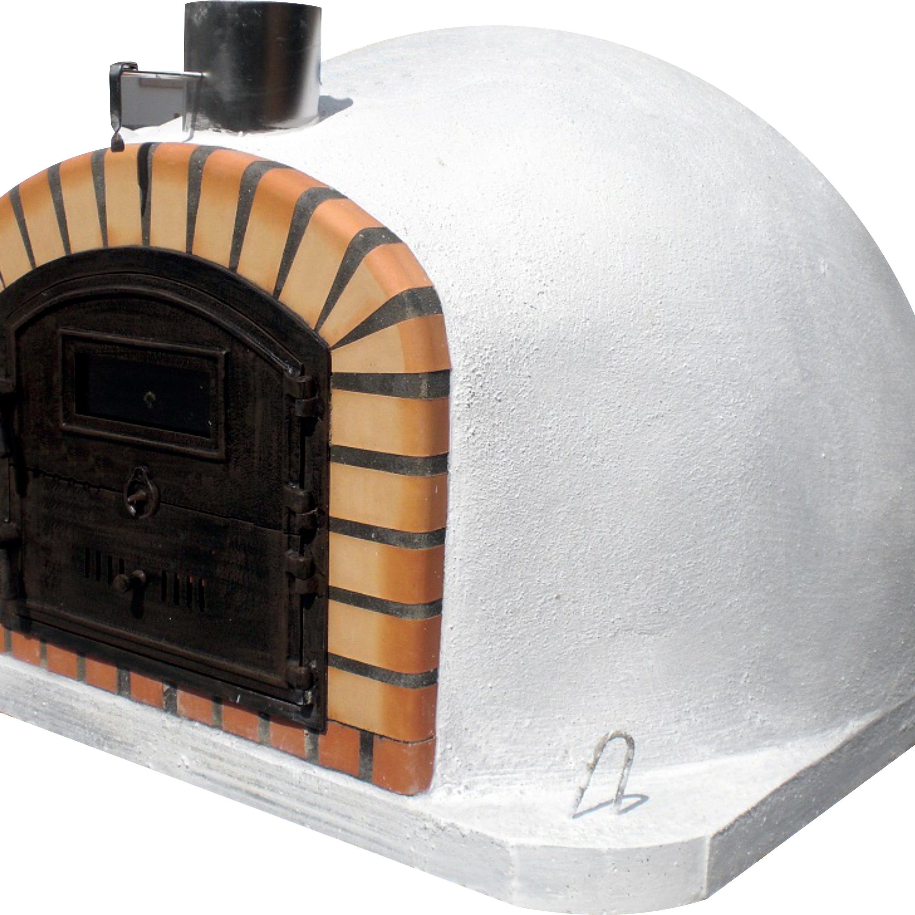 Dome-shaped brick outdoor pizza oven with arch.