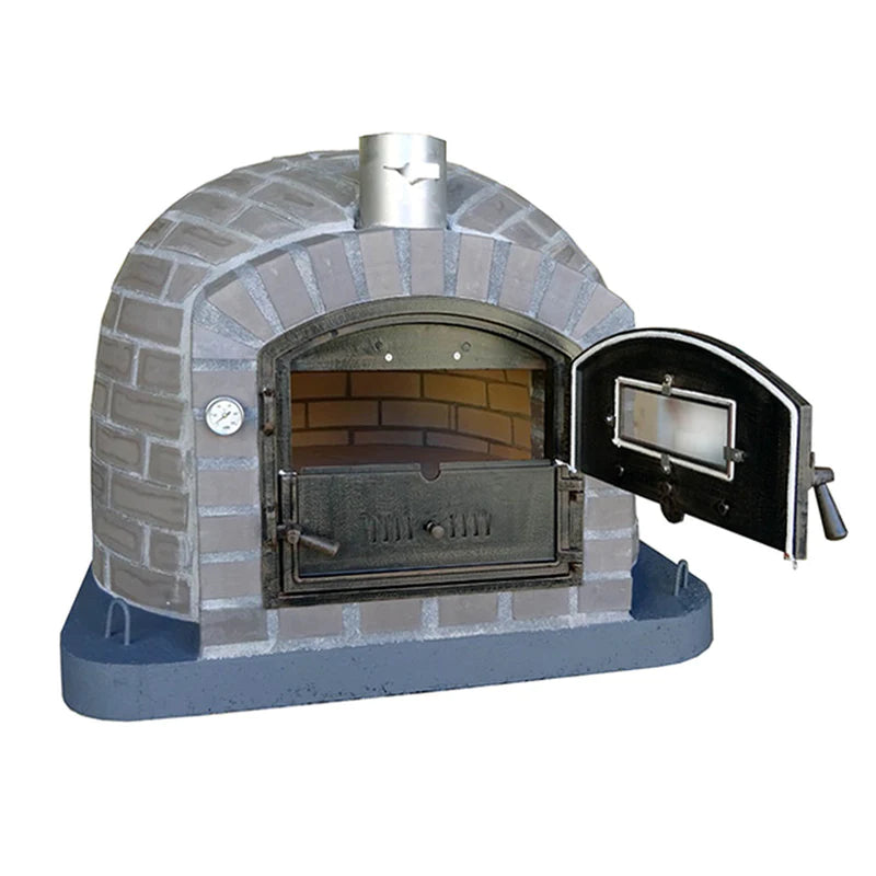 Brick oven with an open door on a white background
