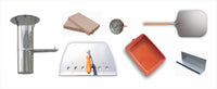 Various  tools including a metal spatula, wooden spatula, and baking tray for gourmet pizza ovens
