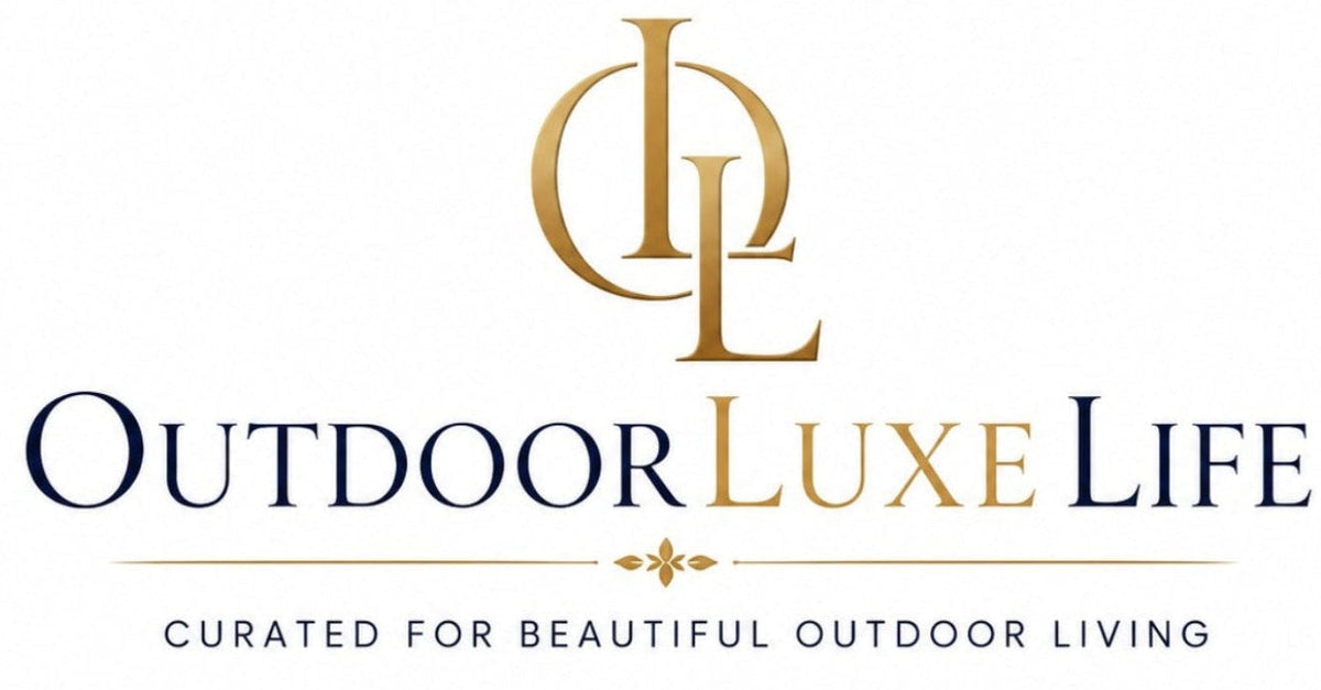 A centered logo on a white background reading 'OUTDOORLUXE LIFE' with a stylized gold monogram above and smaller text below that says 'CURATED FOR BEAUTIFUL OUTDOOR LIVING'.