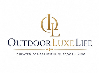 A centered logo on a white background reading 'OUTDOORLUXE LIFE' with a stylized gold monogram above and smaller text below that says 'CURATED FOR BEAUTIFUL OUTDOOR LIVING'.
