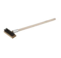 Cleaning brush with wooden handle and metal bristle head for wood fired pizza ovens