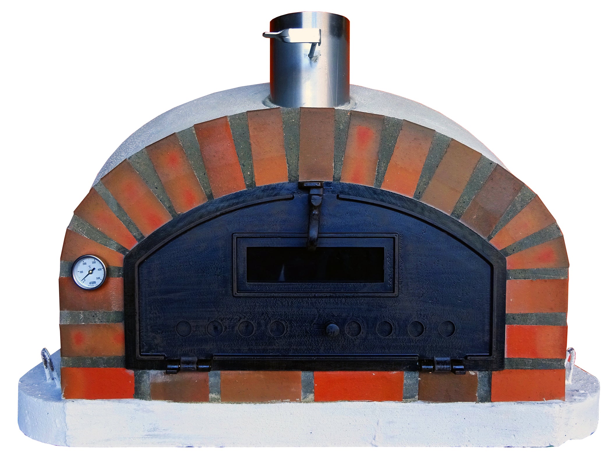 Brick pizza oven with thermometer for high heat cooking