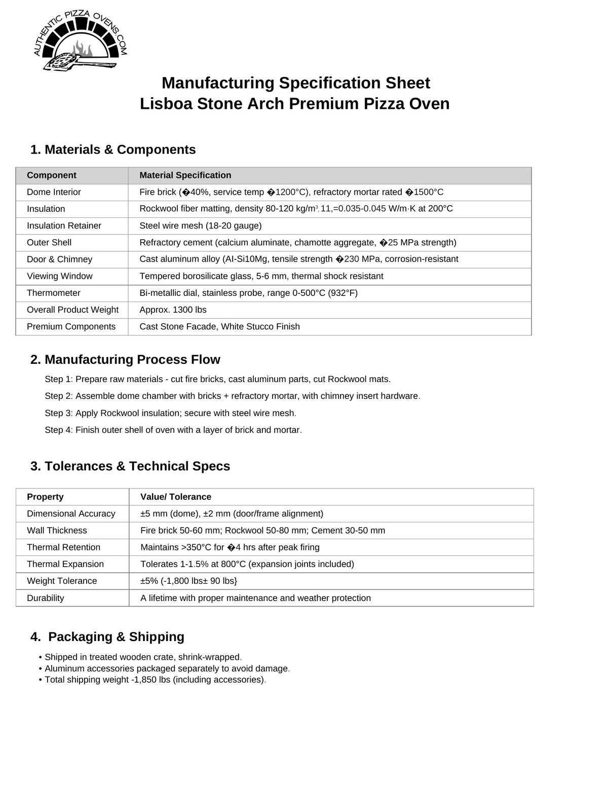 A black and white Manufacturing Specification Sheet for the Lisboa Stone Arch Premium Pizza Oven, detailing materials, manufacturing process, technical specs, and packaging shipping information in a structured table format.