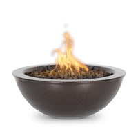 Luxury round fire pit bowl for  an enchanting gathering of friends in high end outdoor backyard