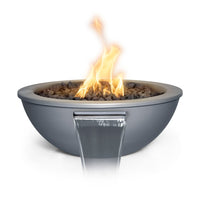 Luxury round fire and water pit bowl for  an enchanting gathering of friends in high end outdoor backyard