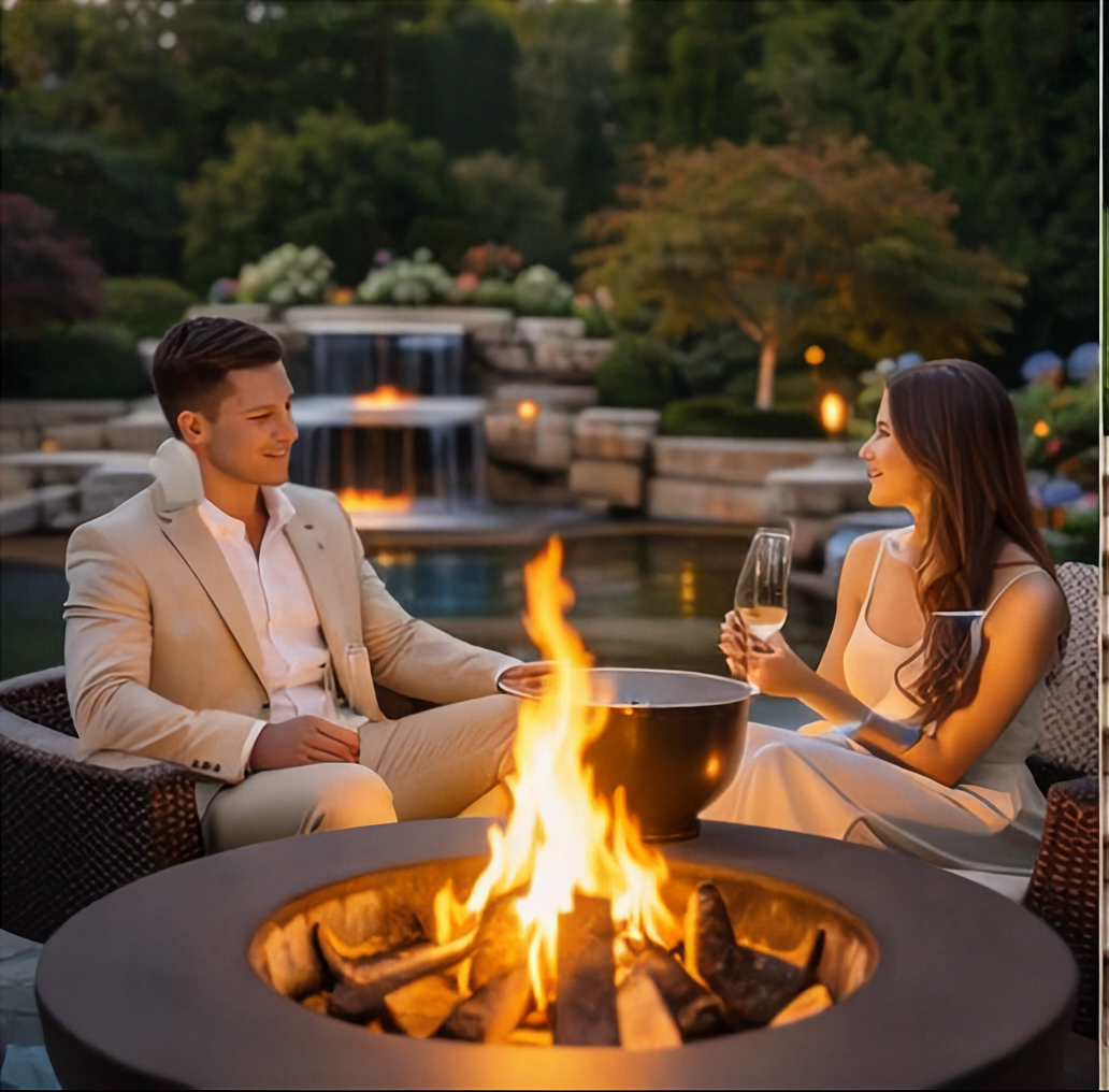 Couple sitting by a fire pit in an outdoor setting with a fountain in the background