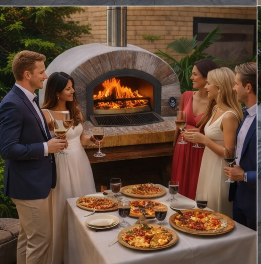 Group of people enjoying pizza and wine in front of an outdoor pizza oven.