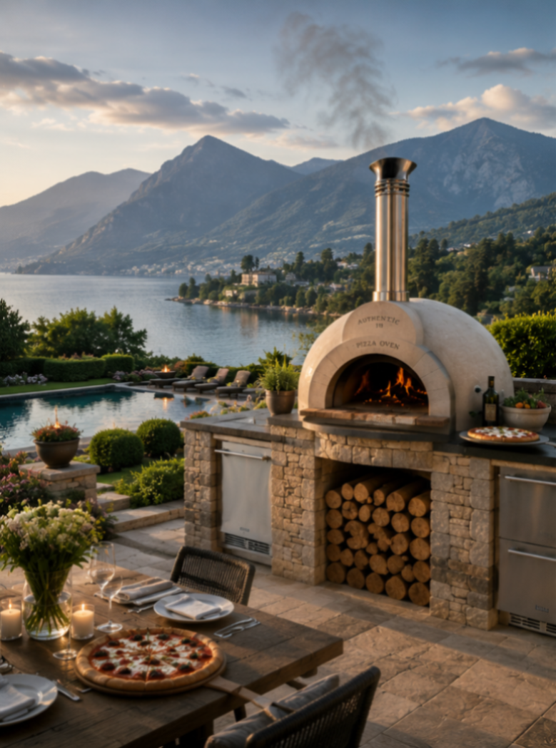 Outdoor kitchen with pizza oven by a pool and mountain view